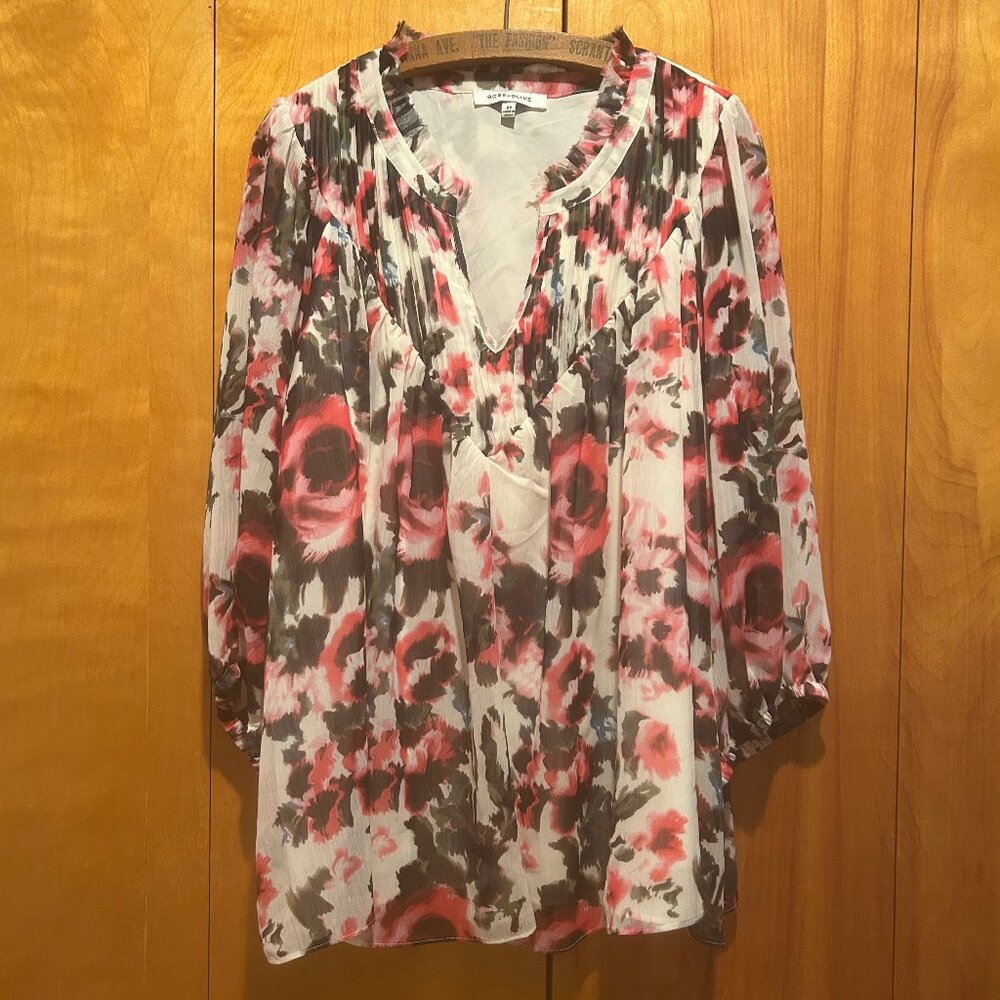 Rose and Olive 2x Romantic Ivory Floral Tunic Blouse-Pleated‎ Yoke-Boho-Feminine